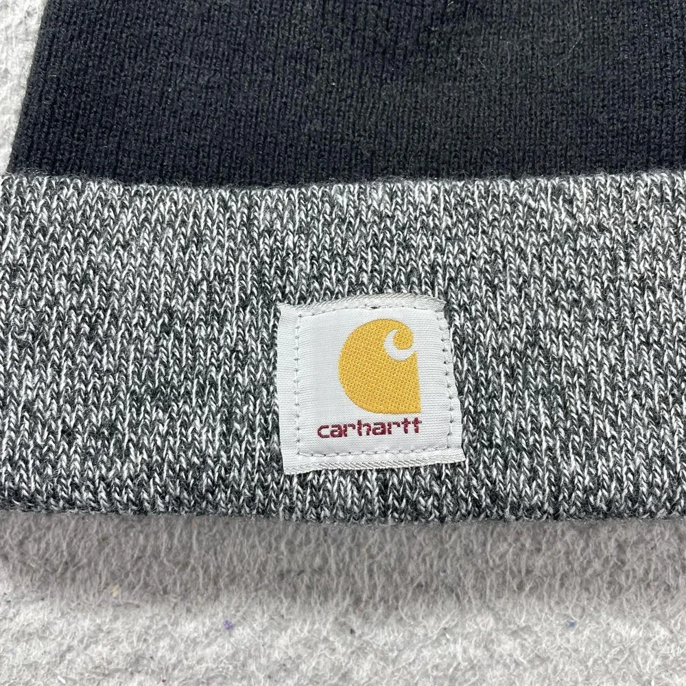 Carhartt Hat Beanie One Size Mens Black Gray Pom Knit Made‎ USA Winter Outdoor